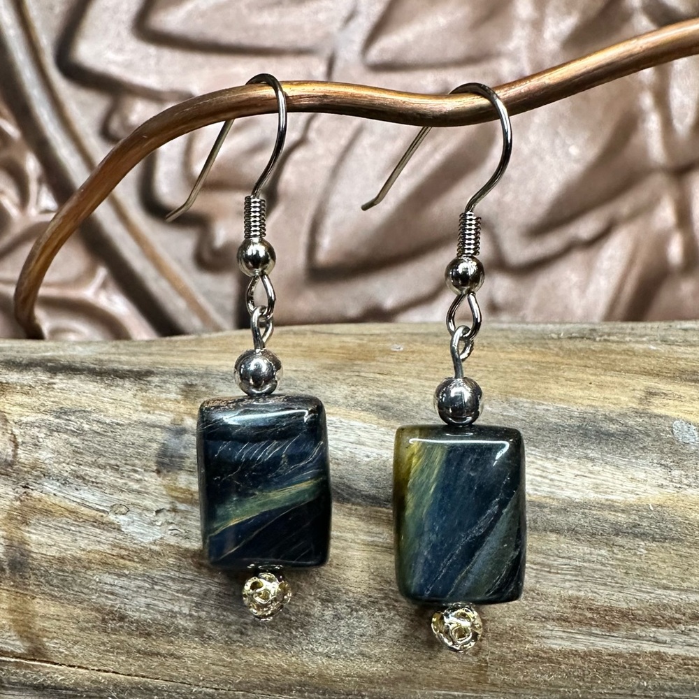 Blue Green with a hint of Gold Tiger Eye Stone Earrings